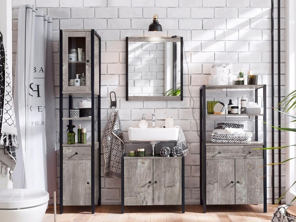 Kupaonski namještaj Larnovo 117 (Sivi hrast + Crna)