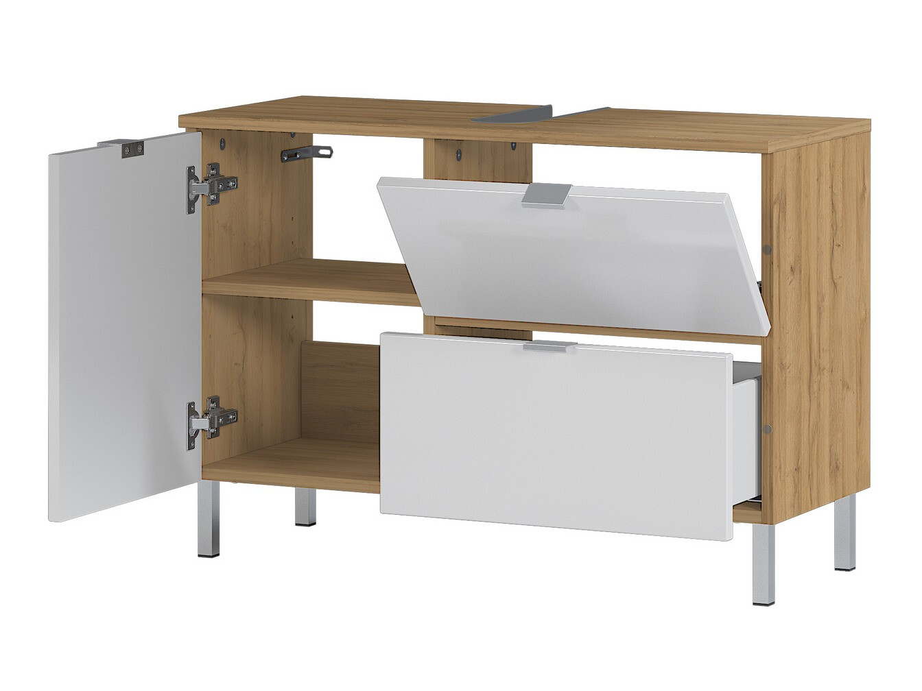 Samostojeći kupaonski ormarić za umivaonik Lomcamo 101 (Sjajno bijela + Hrast Grandson)