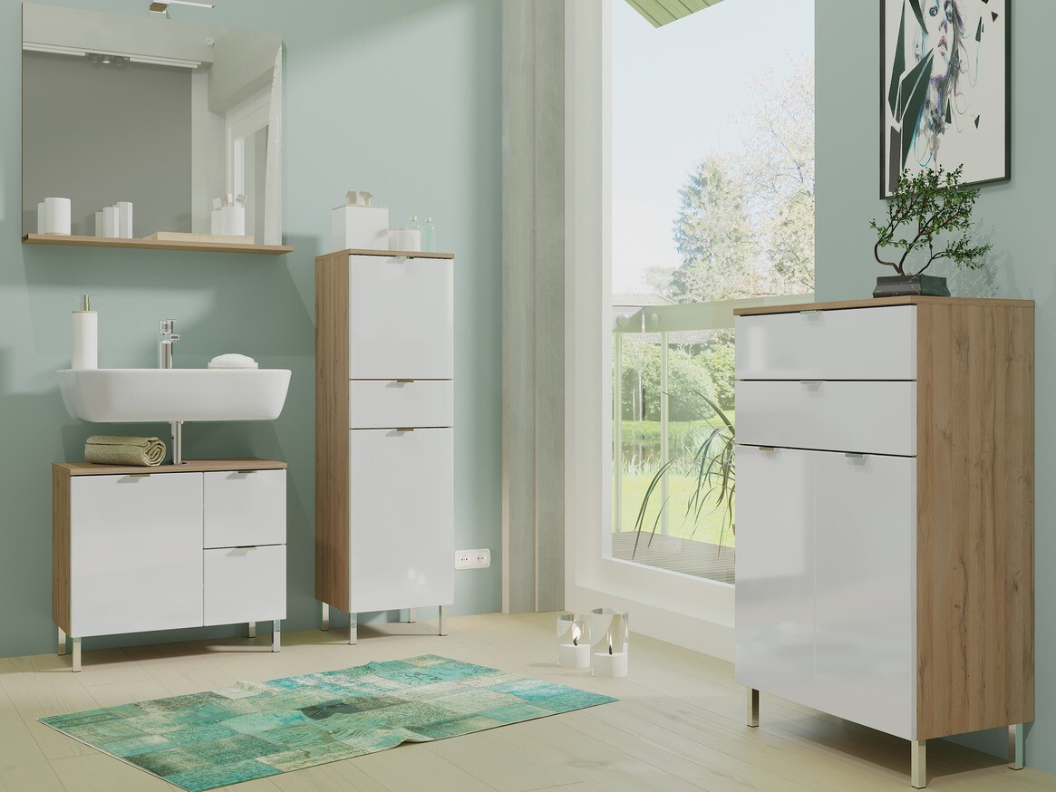 Samostojeći kupaonski ormarić za umivaonik Lomcamo 101 (Sjajno bijela + Hrast Grandson)