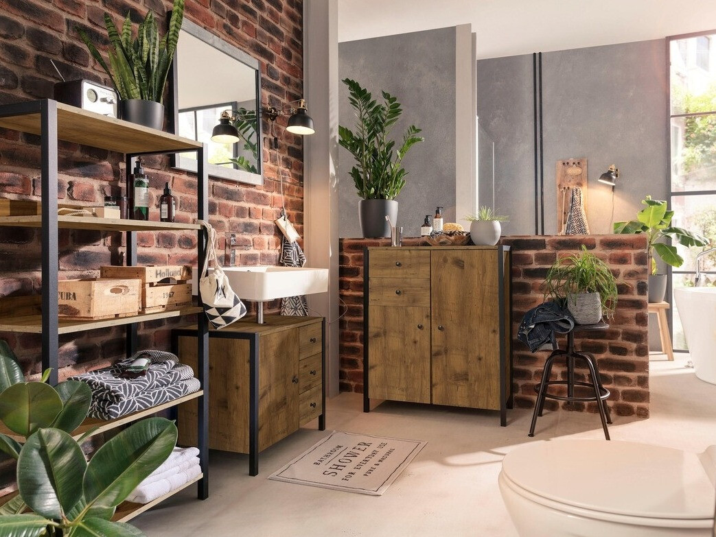 Samostojeći kupaonski ormarić za umivaonik Larnovo 105 (Tamni hrast + Crna)