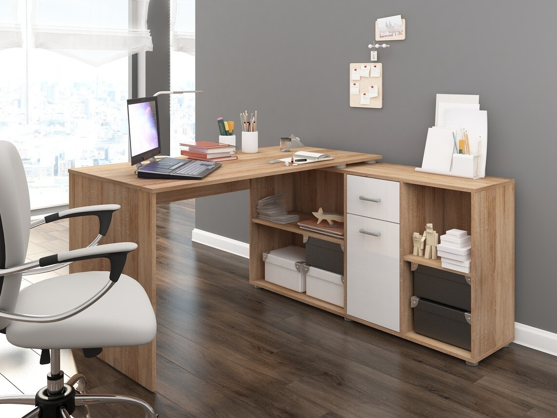 Kutni uredski stol Gilroy 113 (Sonoma hrast + Sjajno bijela)
