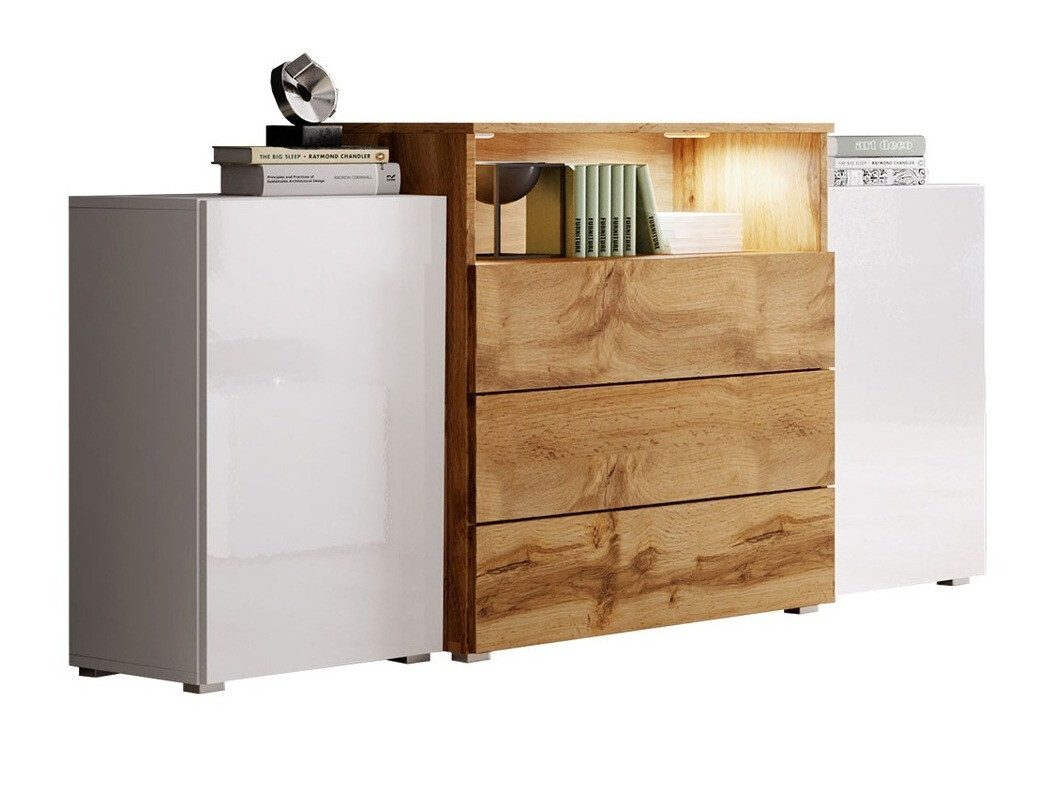Komoda Sarasota 127 (Bijela + Sjajno bijela + Hrast Wotan)
