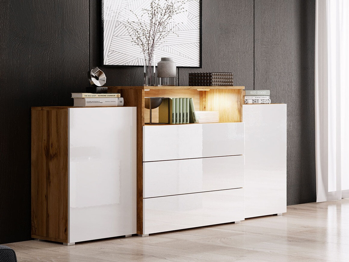 Komoda Sarasota 127 (Hrast Wotan + Sjajno bijela)