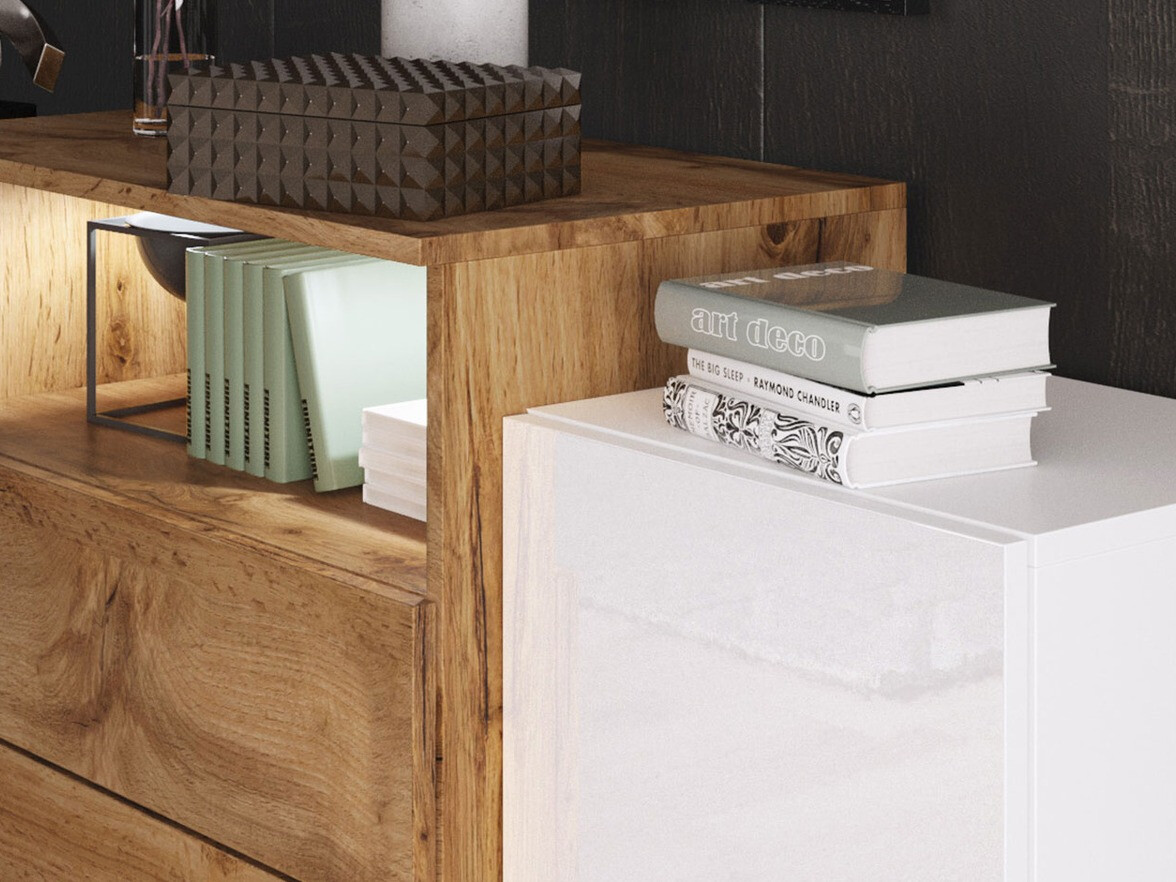 Komoda Sarasota 127 (Hrast Wotan + Sjajno bijela)