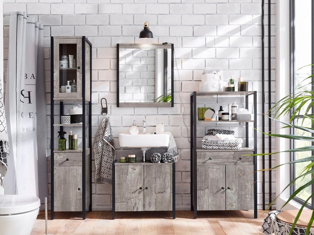 Kupaonska polica Larnovo 111 (Sivi hrast + Crna)