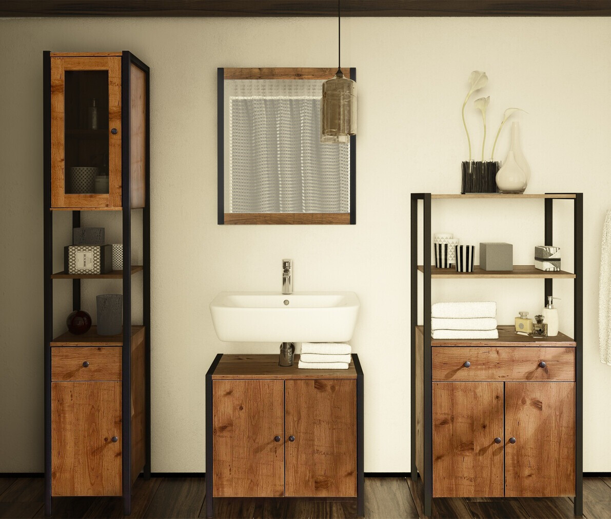 Kupaonska polica Larnovo 111 (Tamni hrast + Crna)