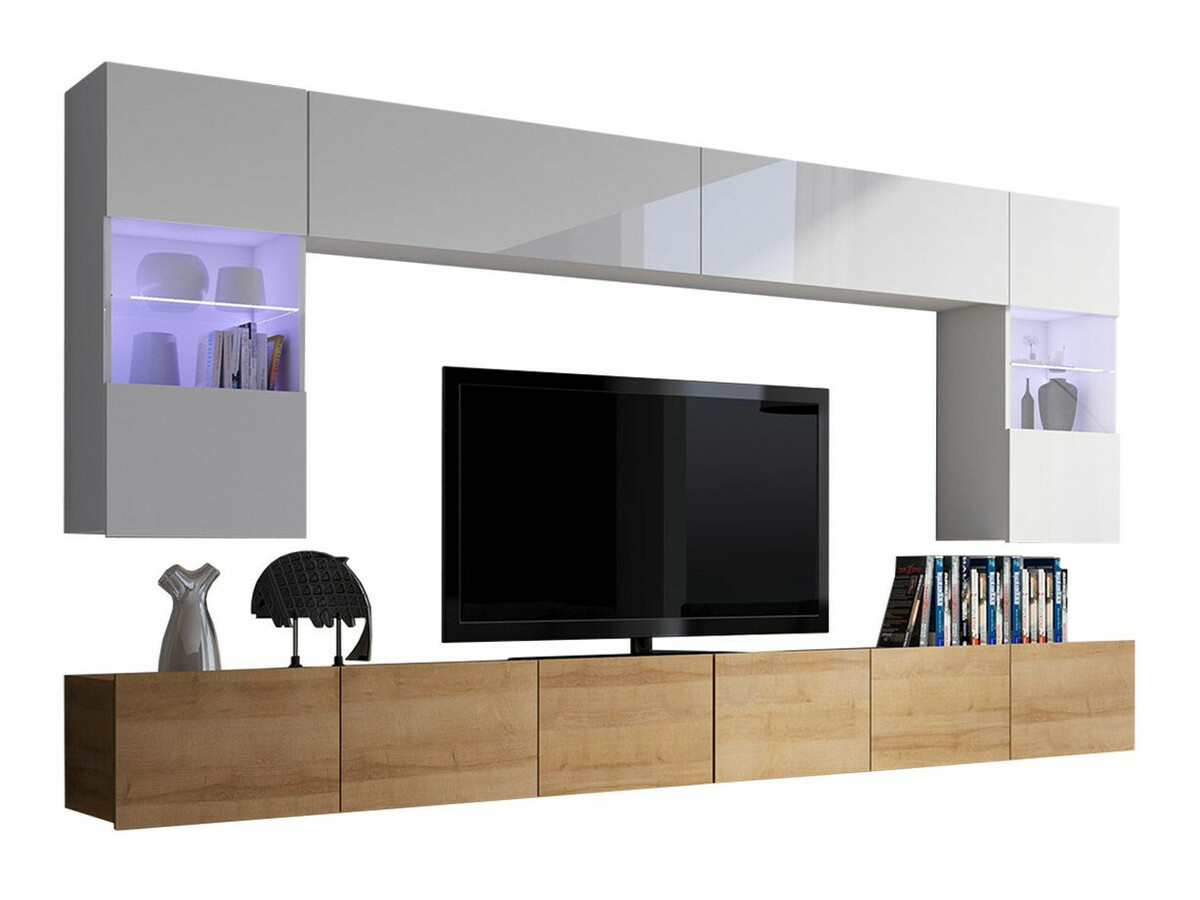 Set za dnevni boravak Tivdalu 105 (Zlatni hrast + Bijela + Sjajno bijela)