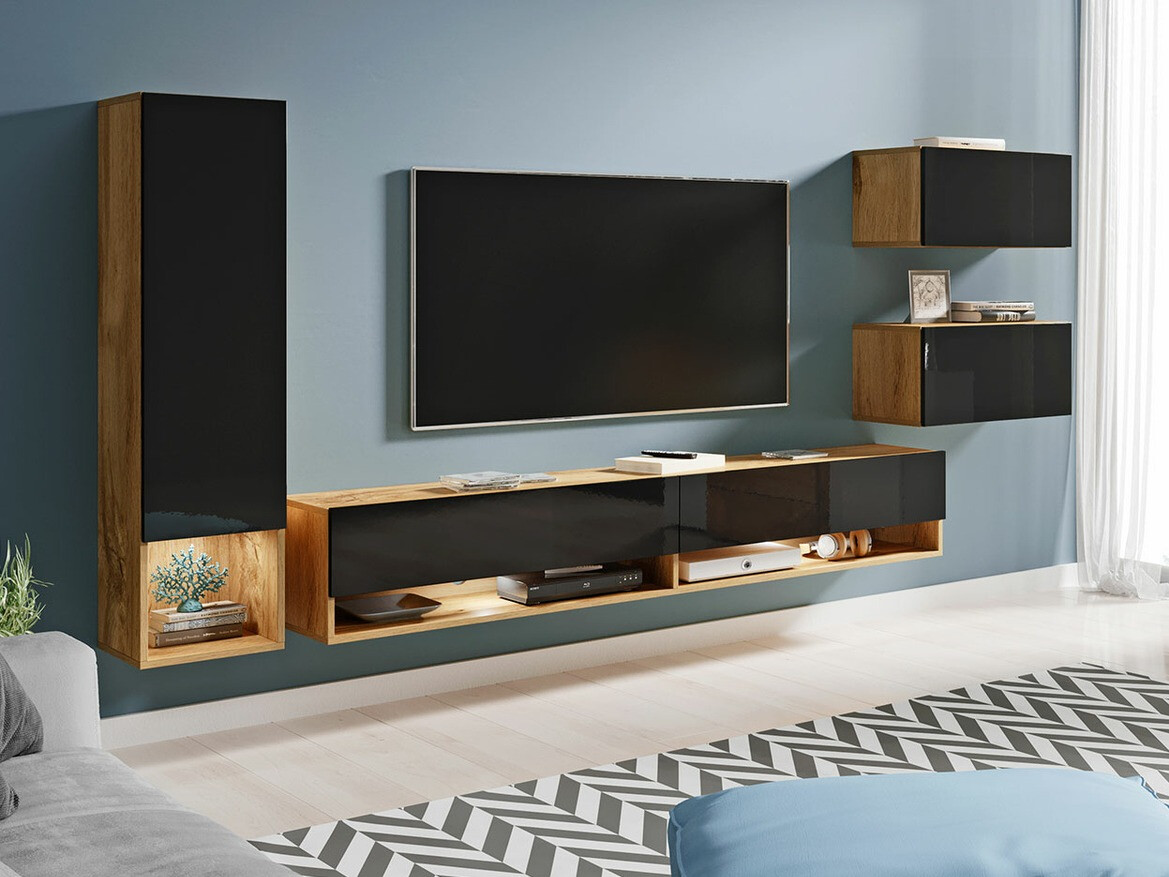 Set za dnevni boravak Sarasota 124 (Hrast Wotan + Sjajno crna)