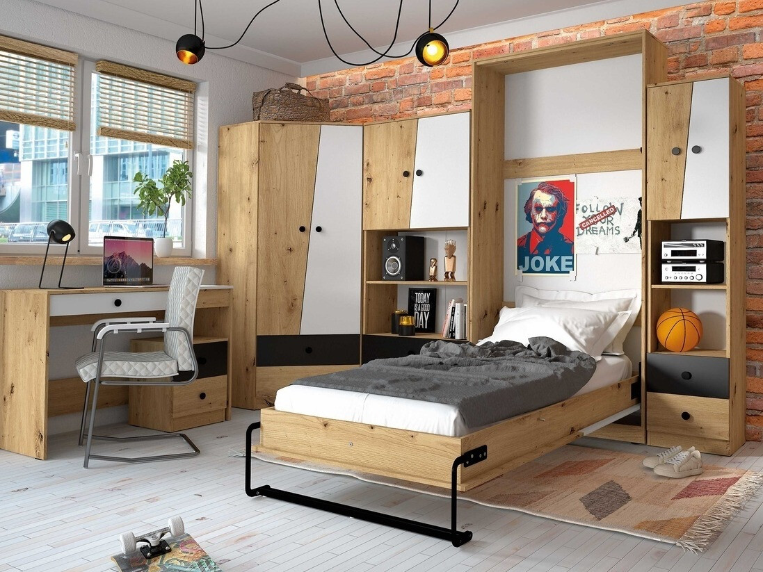 Zidni krevet Mirelbu 113 (Artisan hrast + Bijela + Crna)