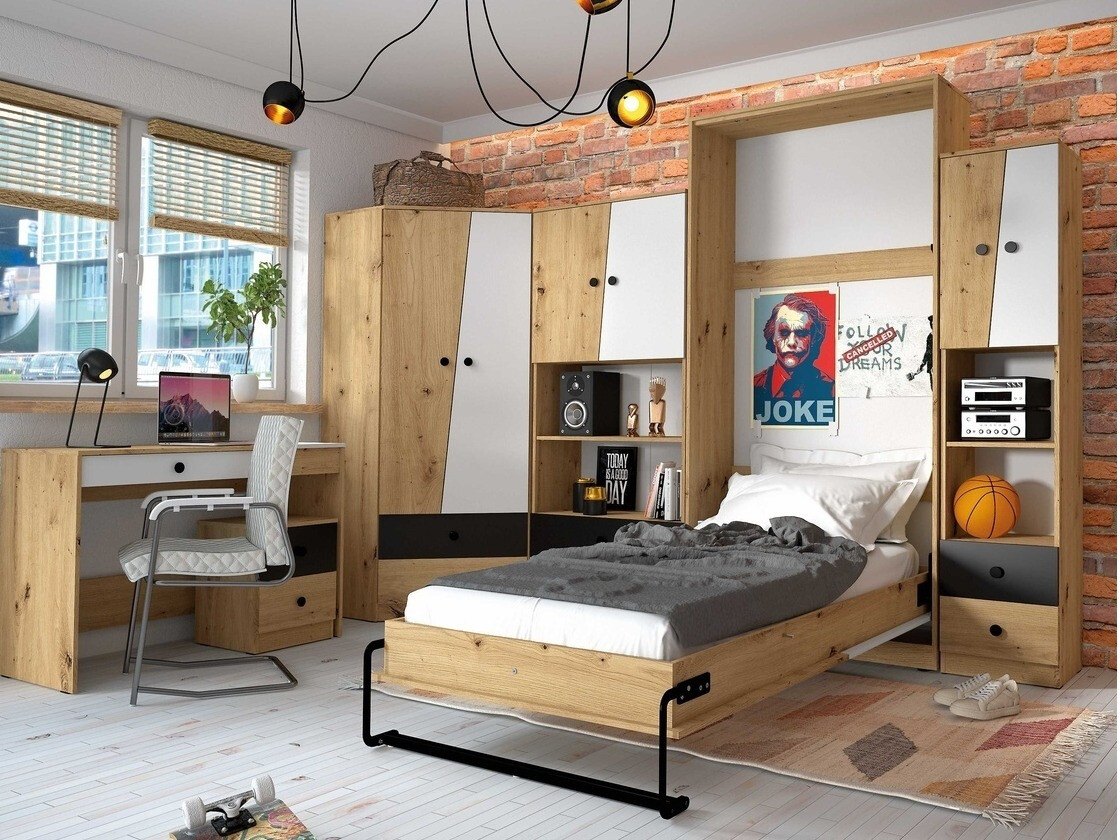 Zidni krevet Mirelbu 113 (Hrast Artisan + Bijela + Siva)