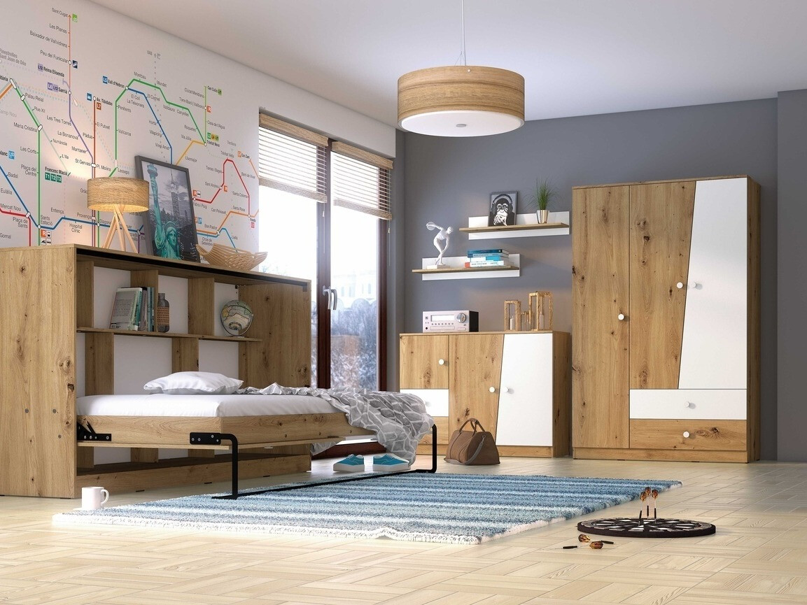 Zidni krevet Mirelbu 114 (Artisan hrast + Bijela + Siva)