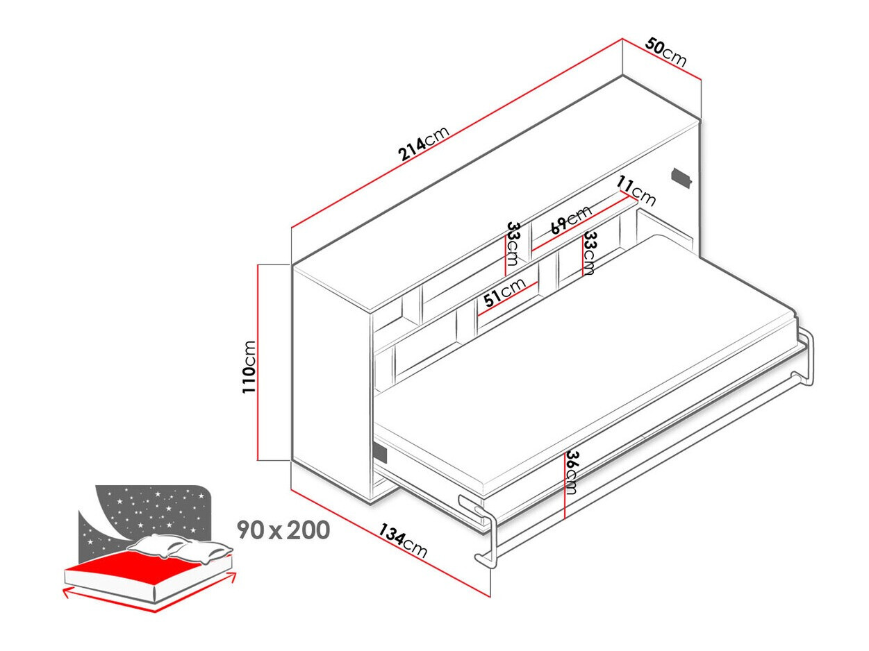Zidni krevet Mirelbu 114 (Hrast Artisan + Bijela + Siva)