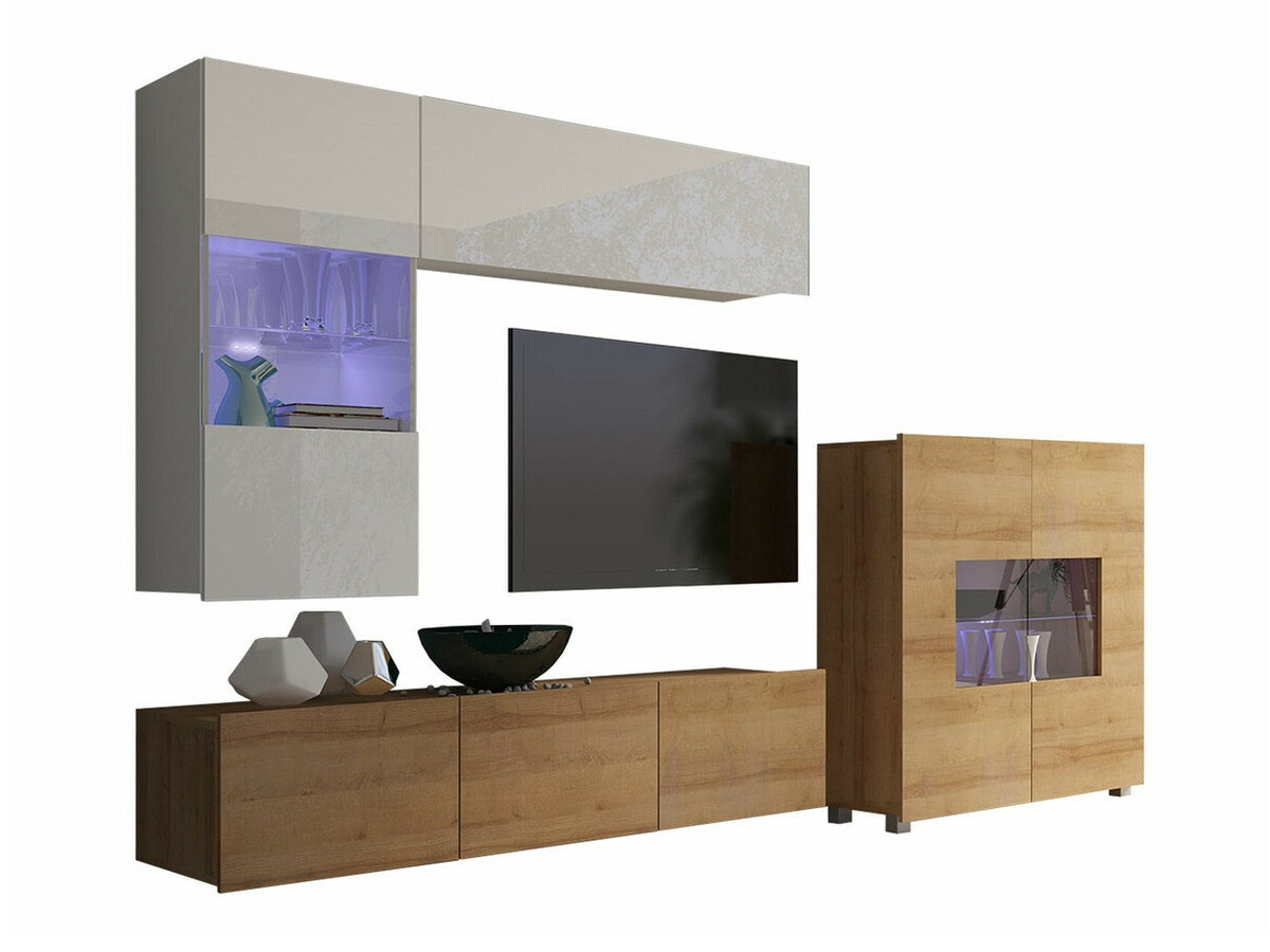 Set za dnevni boravak Tivdalu 107 (Zlatni hrast + Bijela + Sjajno bijela)