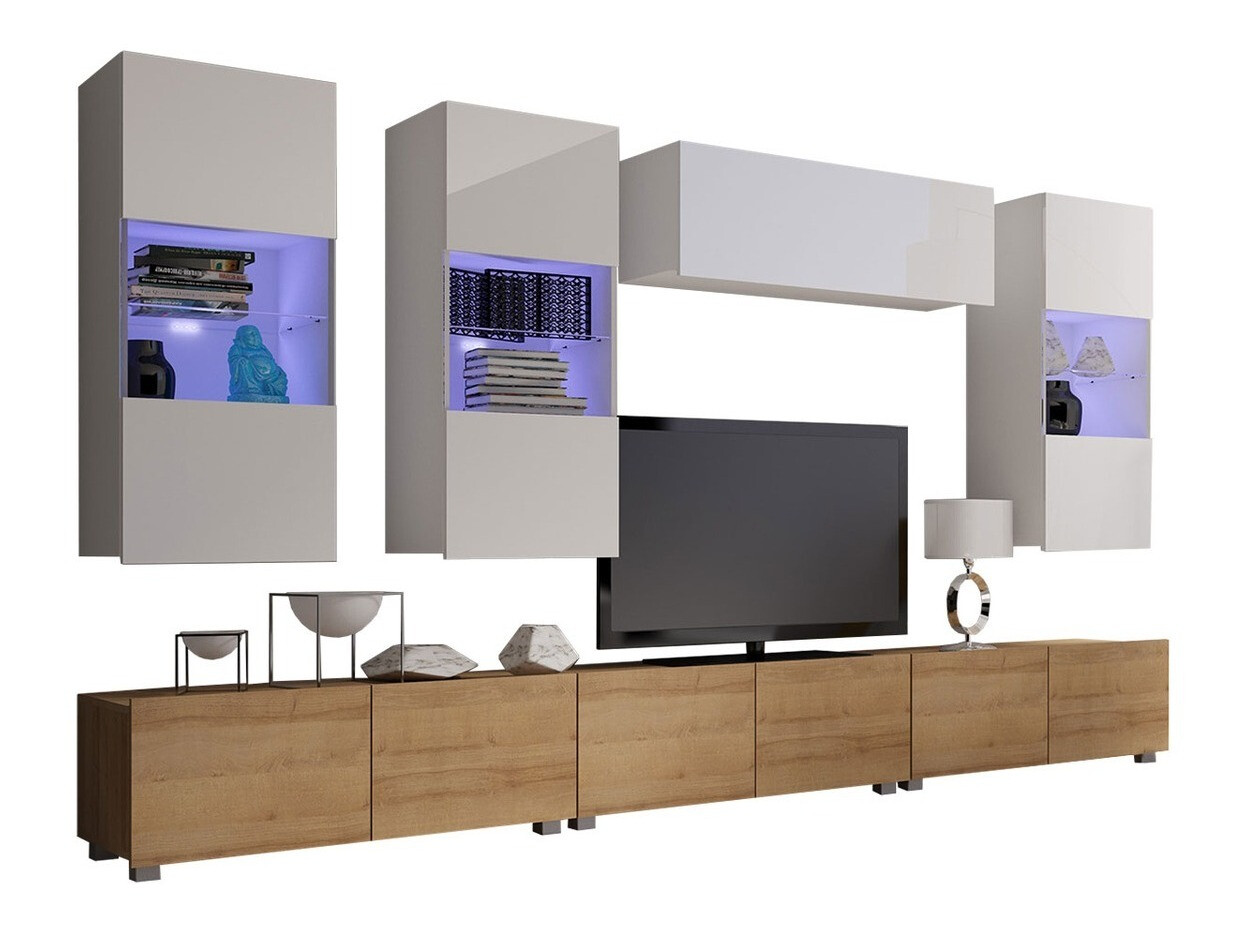 Set za dnevni boravak Remus XI (Zlatni hrast + Bijela + Sjajno bijela)