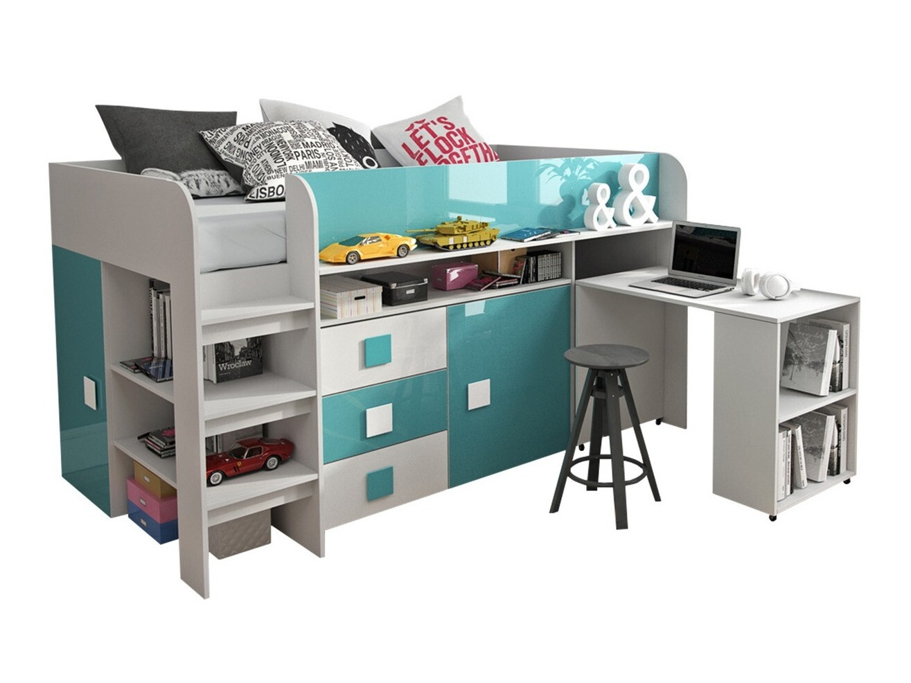 Krevet Hartford 190 (Bijela + sjajni Tirkizna + Sjajno bijela)