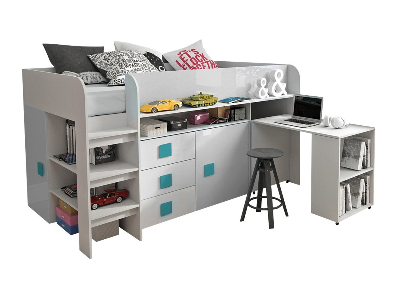 Krevet Hartford 190 (Bijela + Sjajno bijela + sjajni Tirkizna)