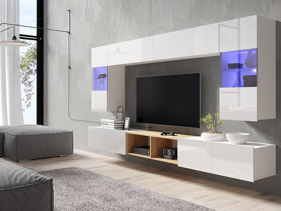 Set za dnevni boravak Tivdalu 144 (Bijela + Sjajno bijela + Zlatni hrast)