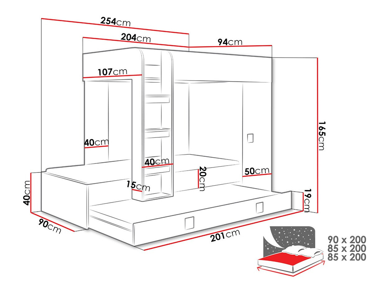 Krevet na kat Hartford 191 (Bijela + Sjajno crna + Sjajno bijela)