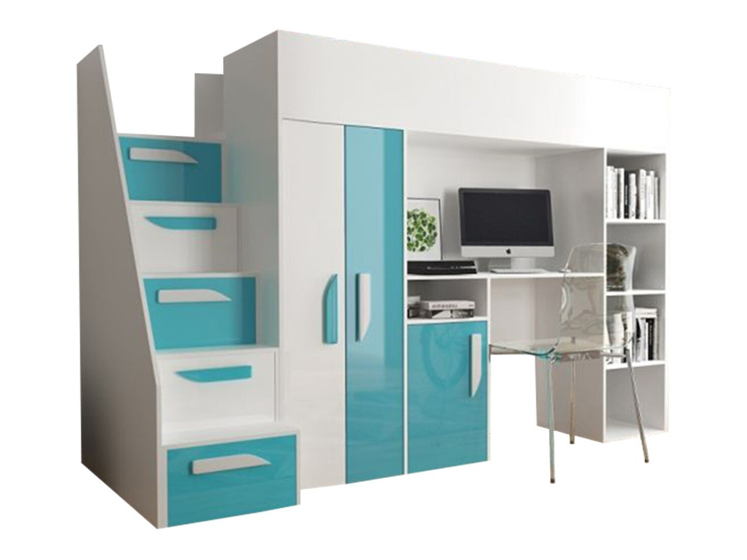 Krevet na platformi Hartford 192 (Bijela + Sjajni Tirkizna + Sjajno bijela)