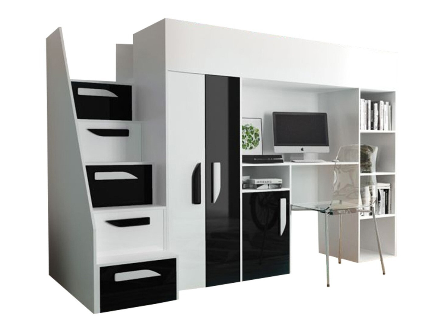 Krevet na platformi Hartford 192 (Bijela + Sjajno crna + Sjajno bijela)