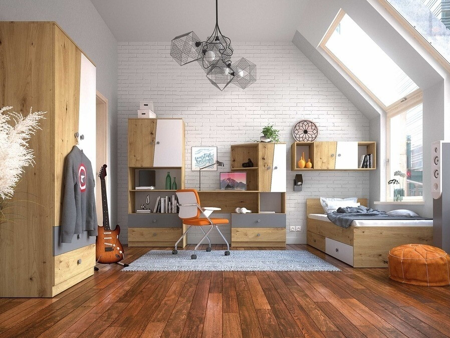 Krevet Mirelbu 112 (Hrast Artisan + Sjajno bijela + Crna)