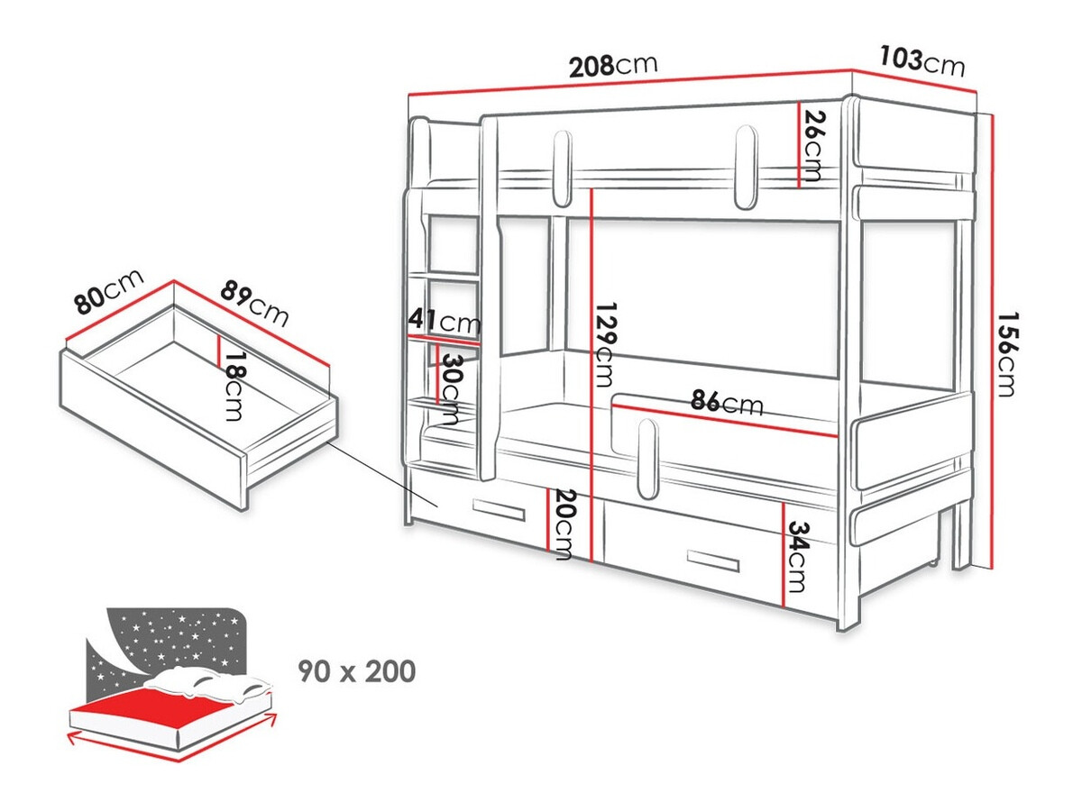 Krevet na kat Henderson 144 (Bijela + Hrast Artisan)