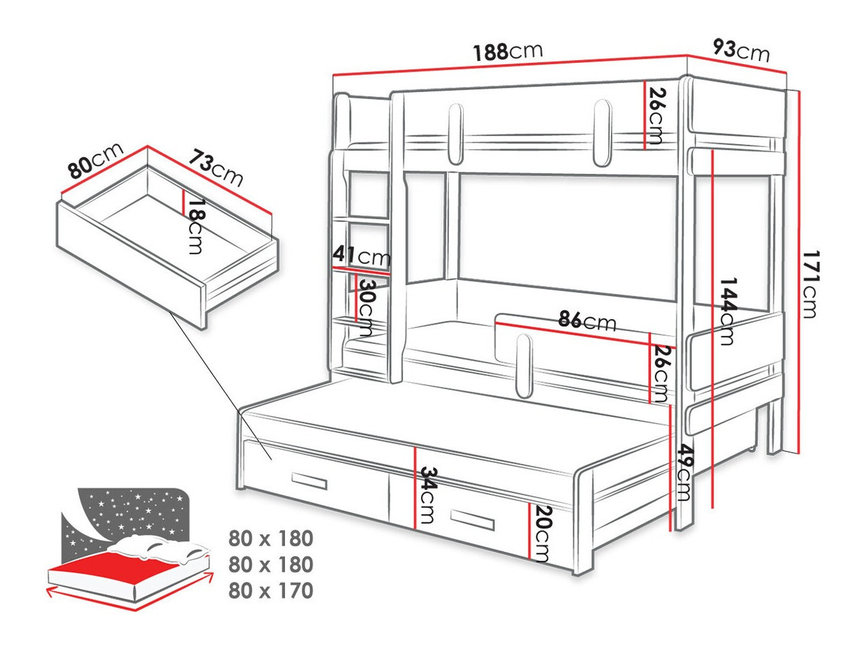 Krevet na kat Henderson 145 (Bijela + Hrast)