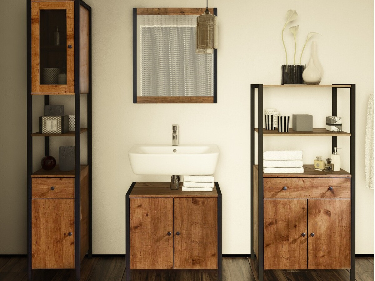 Samostojeći kupaonski ormarić Larnovo 110 (Tamni hrast + Crna)