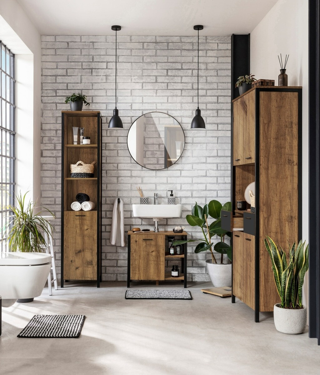 Samostojeći kupaonski ormarić za umivaonik Denton G102 (Crna + Tamni hrast)