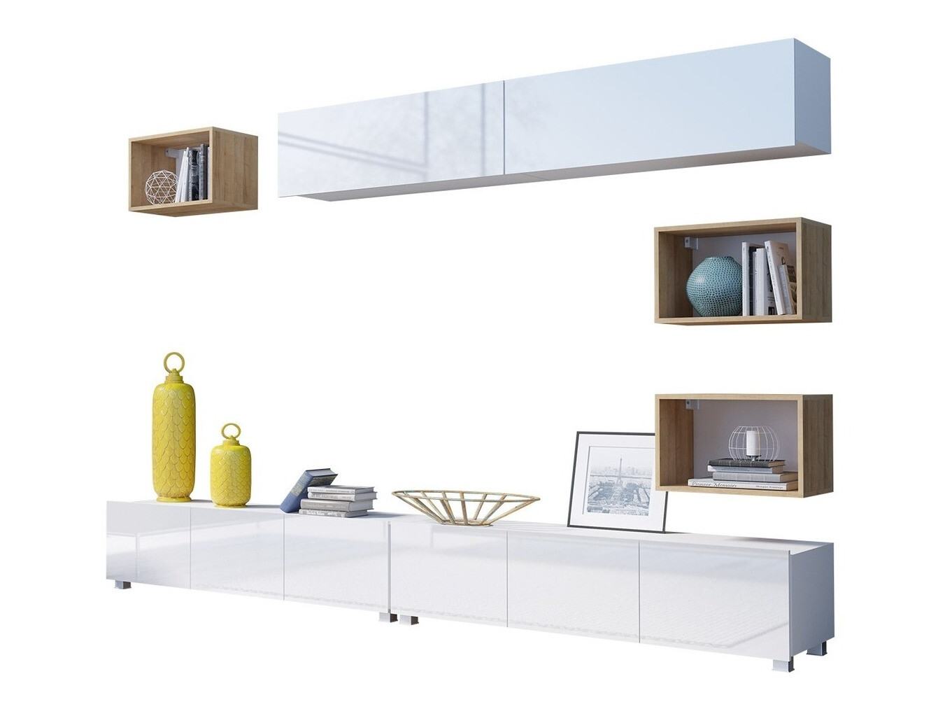 Set za dnevni boravak Remus XXXI (Bijela + Sjajno bijela + Zlatni hrast)