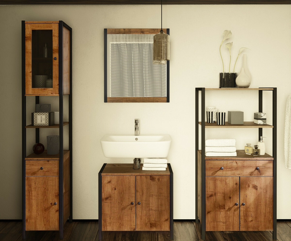 Samostojeći kupaonski ormarić za umivaonik Larnovo 113 (Tamni hrast + Crna)