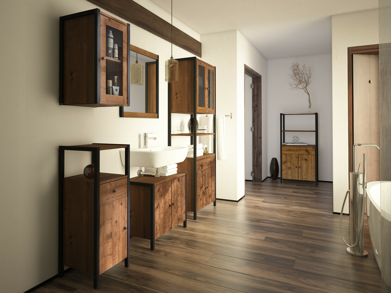 Samostojeći kupaonski ormarić za umivaonik Larnovo 113 (Tamni hrast + Crna)