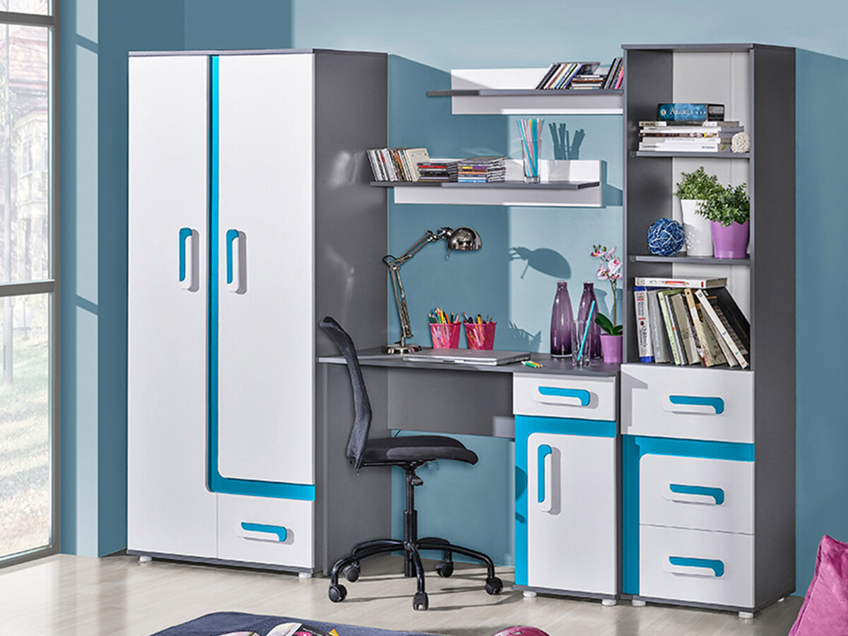 Set za dječju sobu Levtala 116 (Antracit + Bijela + Tirkizna)