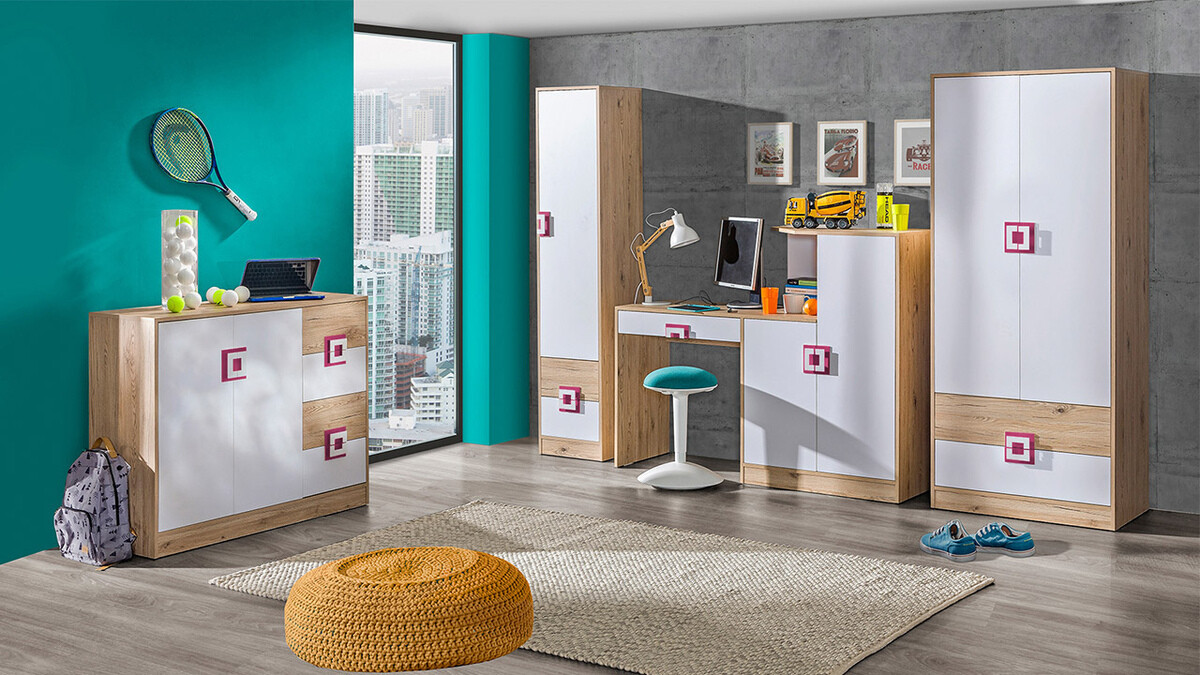 Komoda Balvire 100 (Svijetli hrast + Bijela + Siva)