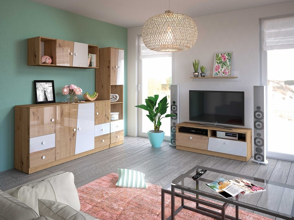 Komoda Mirelbu 105 (Hrast Artisan + Sjajno bijela)