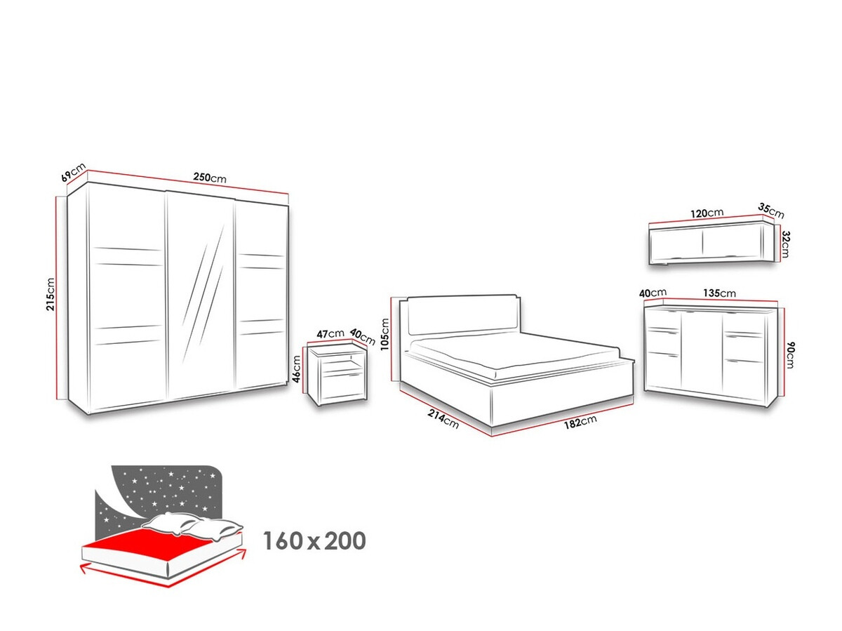 Set za spavaću sobu Fivelbo 120 (Monastery hrast + Sjajno crna)