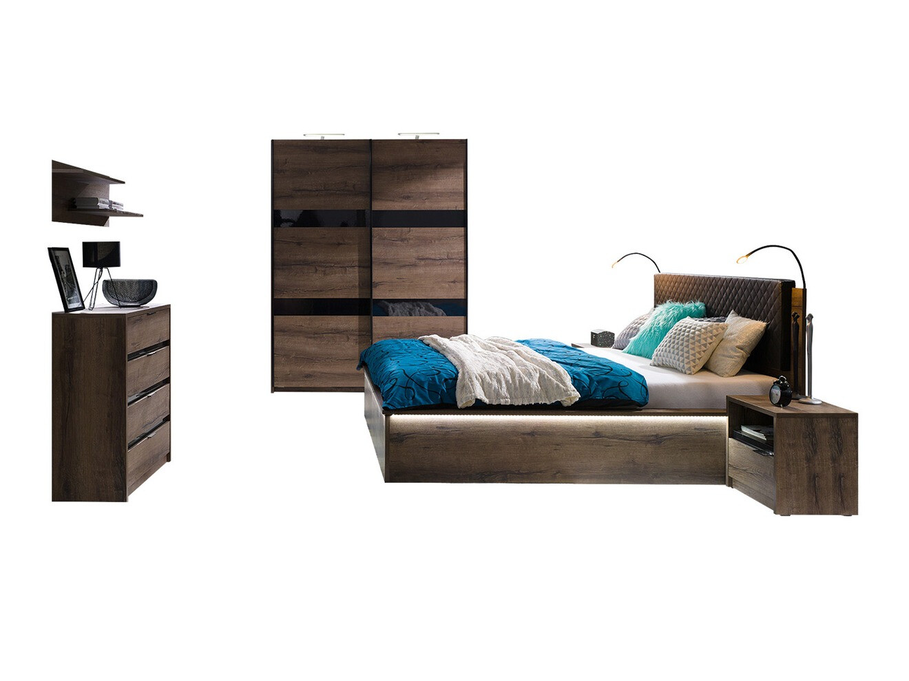 Set za spavaću sobu Fivelbo 121 (Hrast Monastery + Sjajno crna)