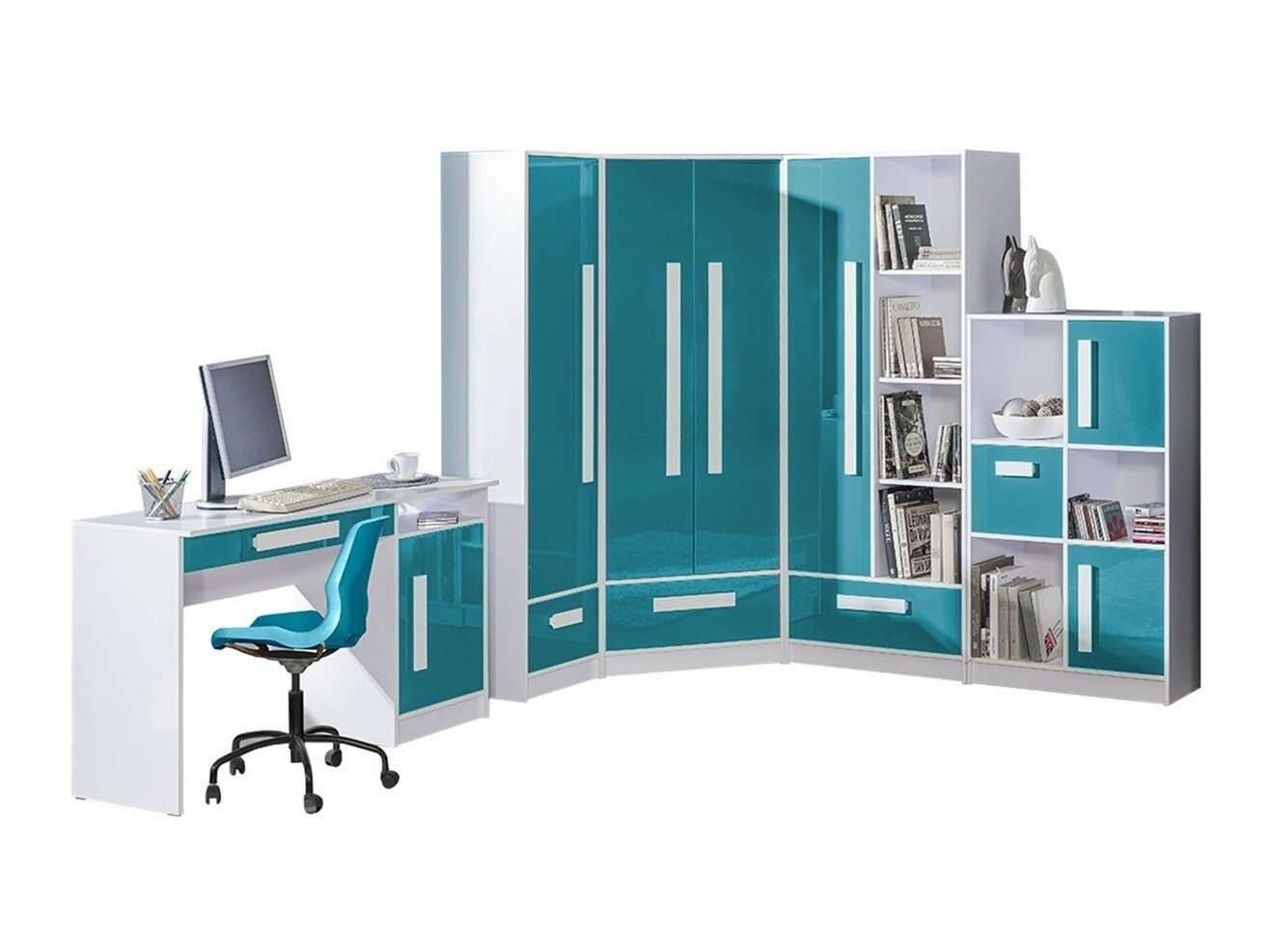 Set za dječju sobu Merevari 107 (Bijela + Sjaj Tirkiz)