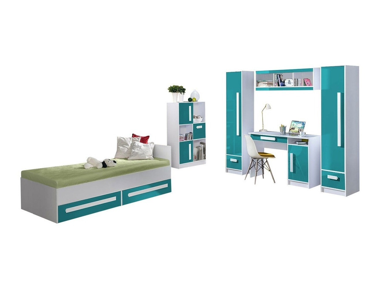 Set za dječju sobu Merevari 108 (Bijela + Sjajni Tirkizna)