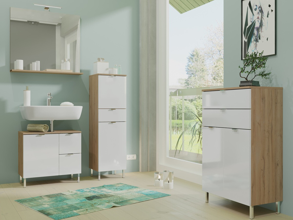 Samostojeći kupaonski ormarić Lomcamo 102 (Sjajno bijela + Hrast Grandson)