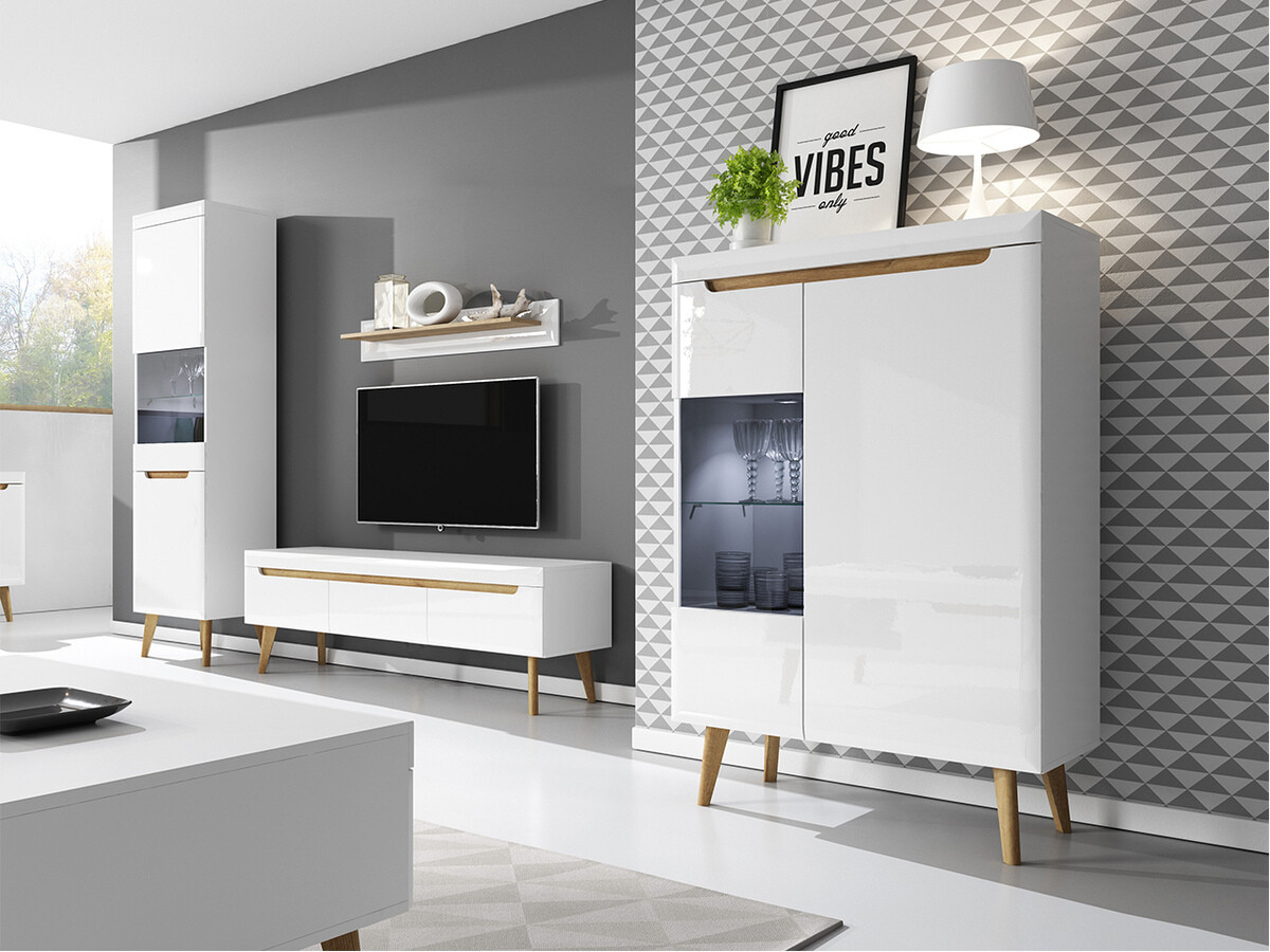 Zidna polica Bracchal (Bijela + Sjajno bijela + Riviera hrast)