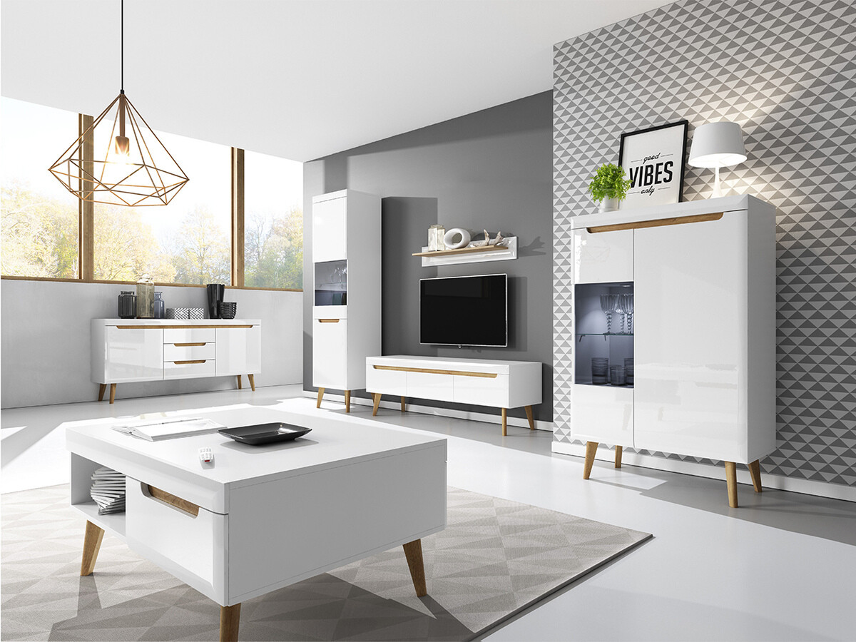 Zidna polica Bracchal (Bijela + Sjajno bijela + Riviera hrast)