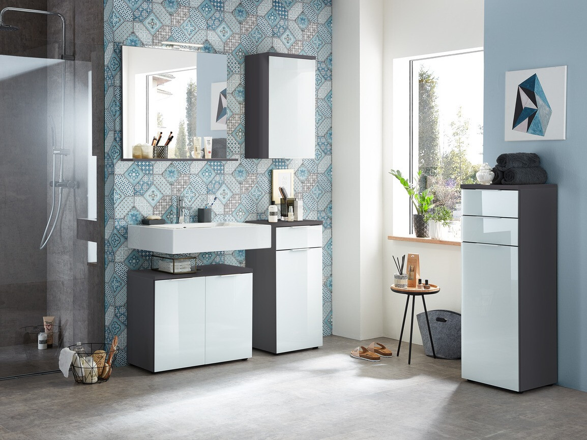 Samostojeći kupaonski ormarić Levciro 101 (Sjajno bijela + Grafit)