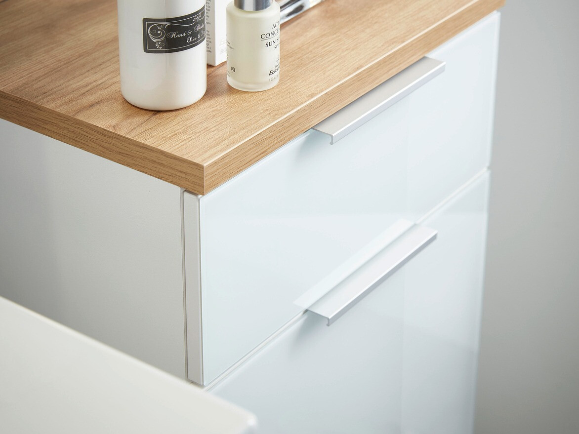 Samostojeći kupaonski ormarić Levciro 101 (Sjajno bijela + Navarra hrast)