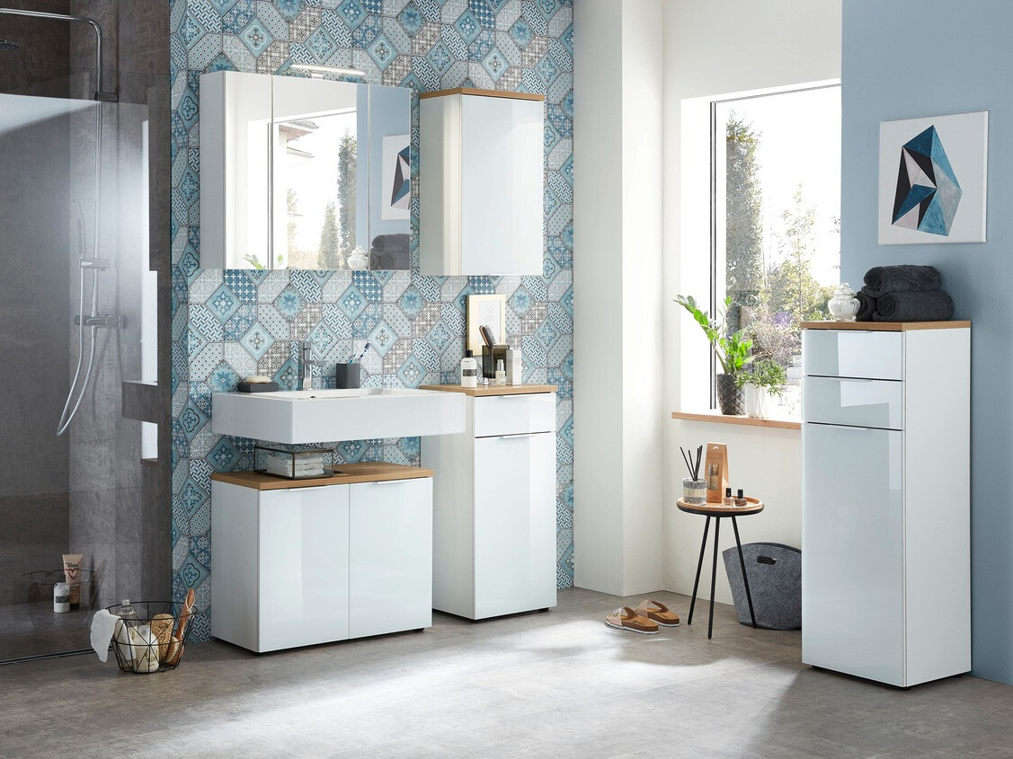 Samostojeći kupaonski ormarić Levciro 101 (Sjajno bijela + Navarra hrast)