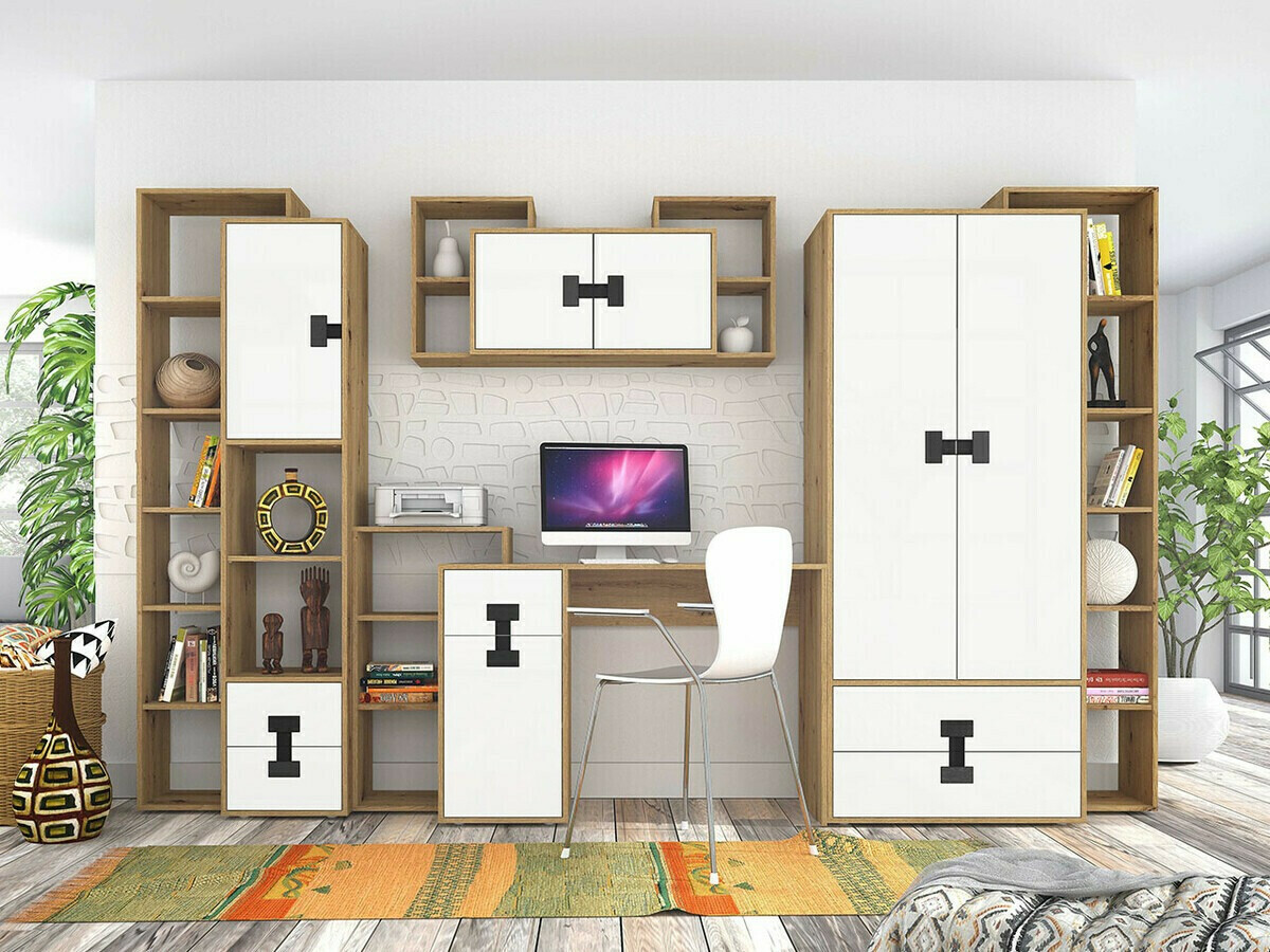 Set za kućni ured Florevi 104 (Mat bijela + Hrast Artisan)