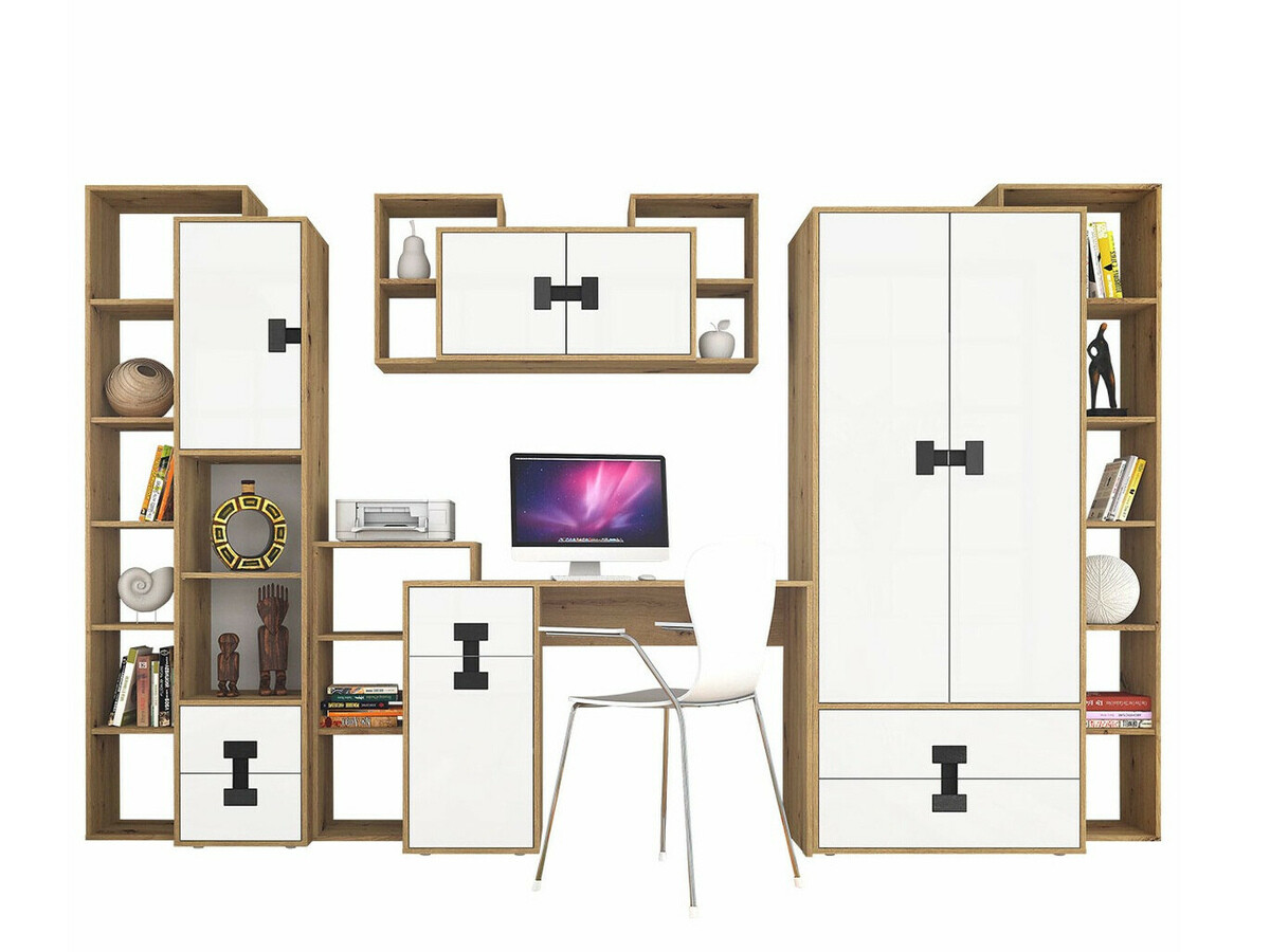 Set za kućni ured Florevi 104 (Mat bijela + Hrast Artisan)