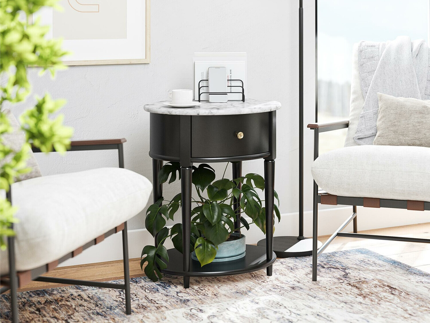 Pomoćni stolić Tulsa 233 (Crna + Bijeli mramor)