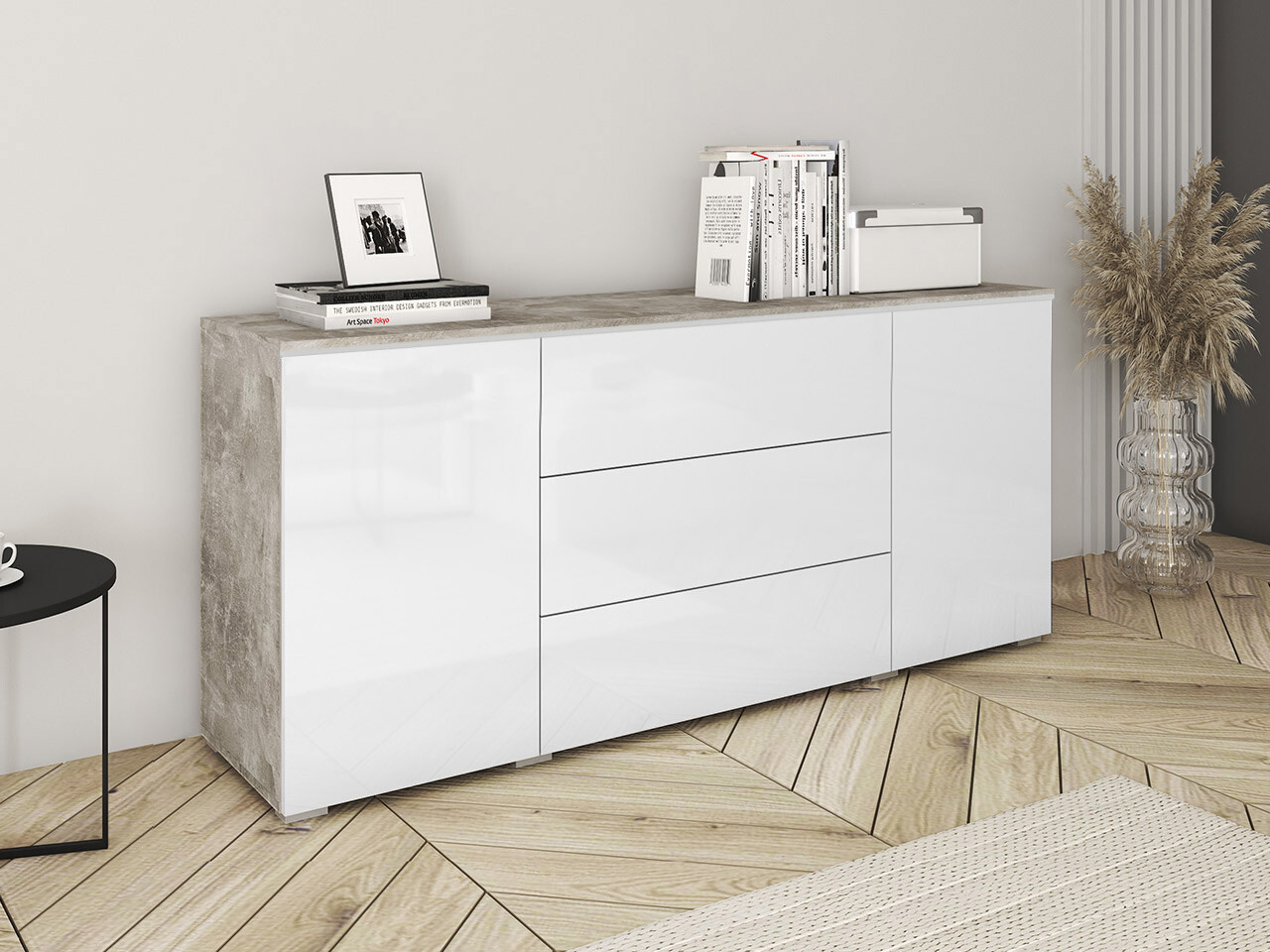 Komoda Mirfivo 102 (Boja betona + Sjajno bijela)