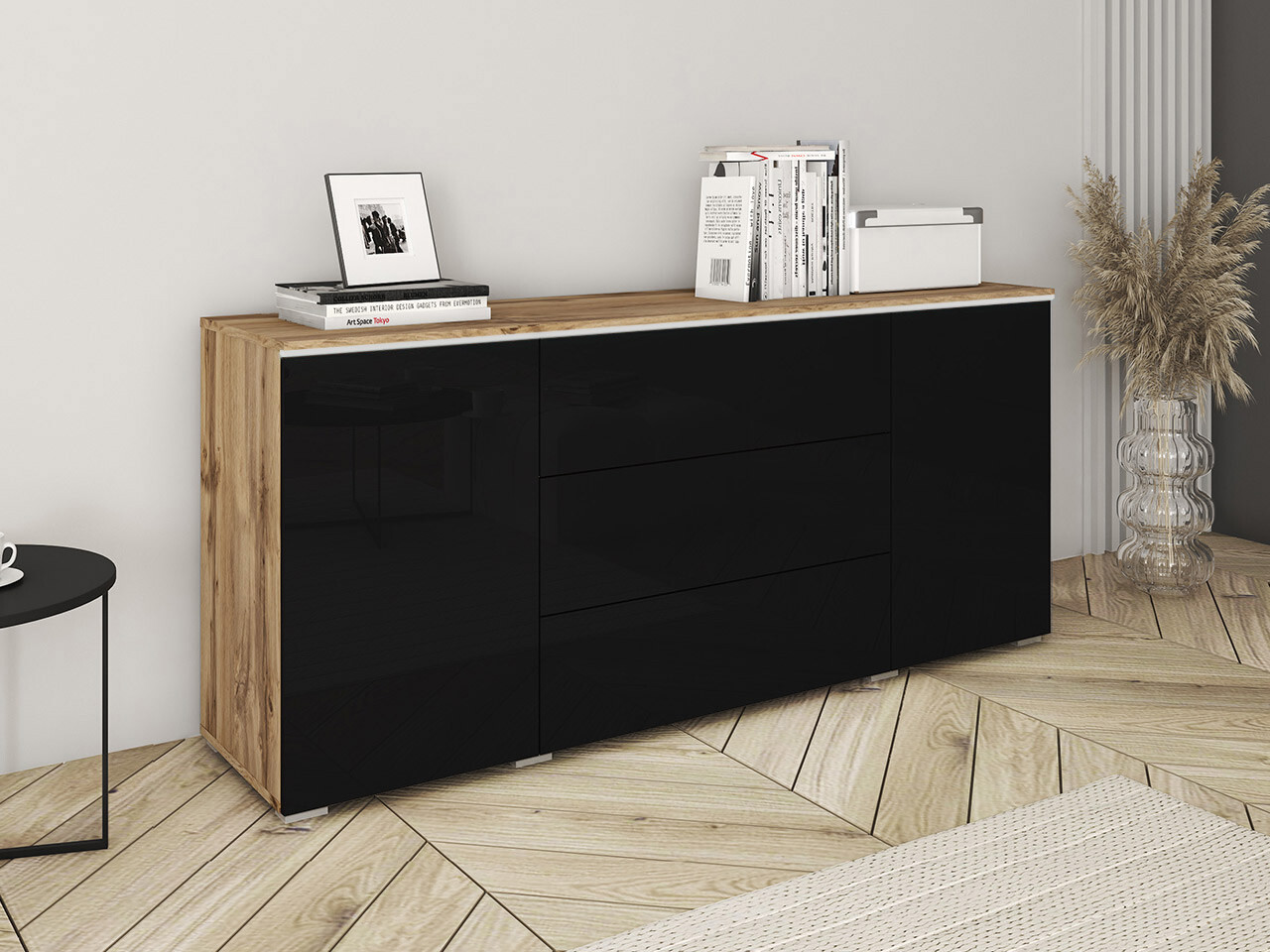 Komoda Sarasota 142 (Hrast Wotan + Sjajno crna)